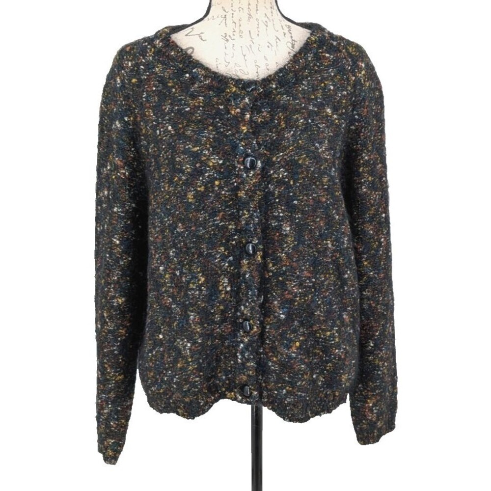 Mohair Blend Cardigan Sweater LARGE Black Multi Tweed Grunge Edgy Acadamia